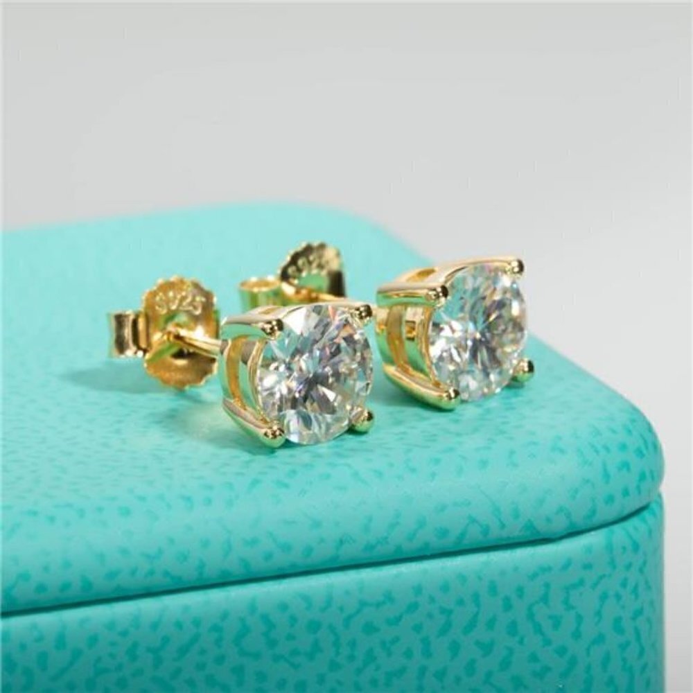 CERTIFIED 18K Yellow Gold 2.0ct Diamond Round Cut Stud Earrings Moissanite 925 - Picture 3 of 6
